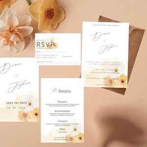 Minimalistisches Blumen Aquarell Einladungs-Set–Orange Beige Floral–Canva Bearbeitbar–3 Karten und 1 Bonus Save the Date Karte(nur bei Erstbestellung)