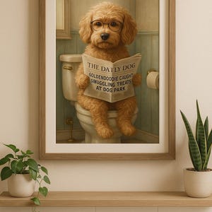 Funny Goldendoodle Bathroom Wall Art | Dog on Toilet Reading Newspaper | 5 Sizes | Printable Dog Decor | Instant Digital Download