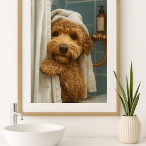 Golden Doodle Bathroom Wall Art – Funny Dog Shower Print, No Smile – Instant Download in 6 Sizes, Cute Goldendoodle Towel Art for Home Decor