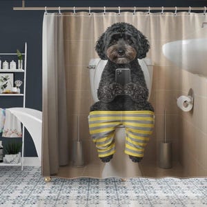Funny Golden Doodle Bathroom Wall Art • Dog on Toilet with Phone • Printable Pet Humor Decor for Guest Bath or Powder Room