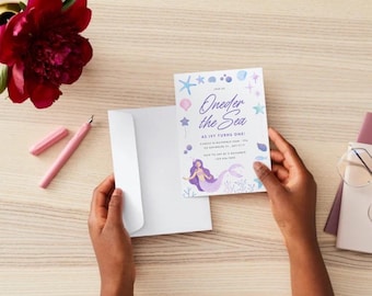 Oneder The Sea First Birthday Invitation | 1st Birthday Girl Invite Under The Sea Mermaid Editable Template | Digital Download
