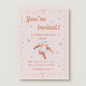 Convite bege para 25º aniversário, para impressão, convite digital para coquetel rosa no Canva, download instantâneo, modelo de aniversário boho moderno