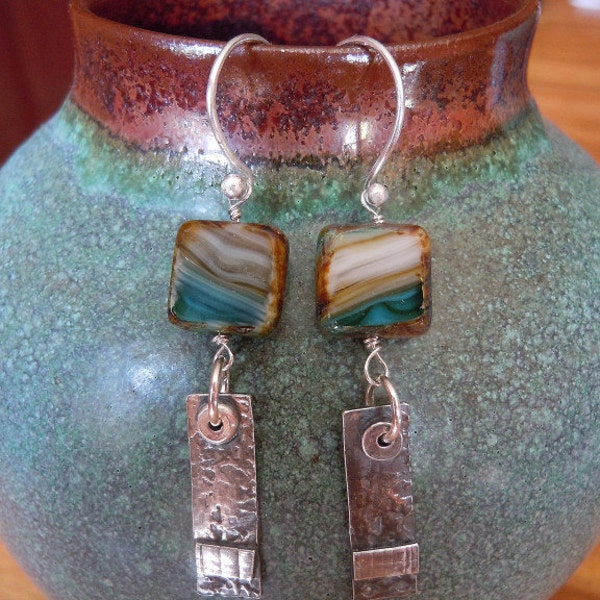 Beaded Earrings - Teal and White Picasso Glass Beads - Fine Silver Dangles - Exotica Earrings