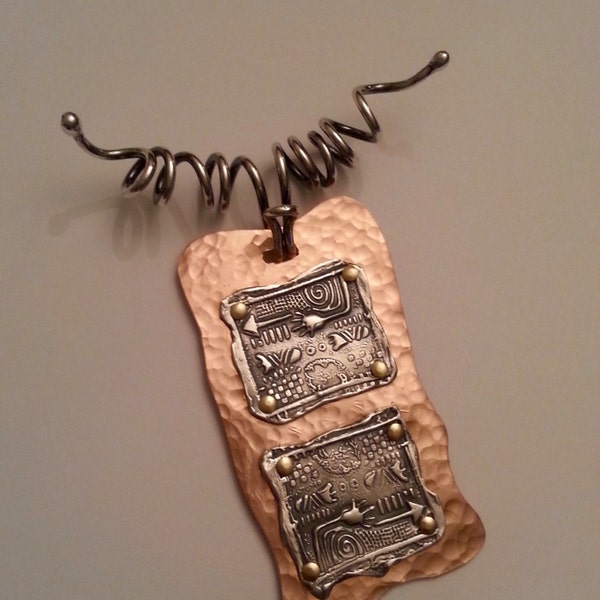 RESERVE for Vicki - A Show of Hands Earrings and Pendant - PMC and Copper - Folk Art Earrings and Pendant
