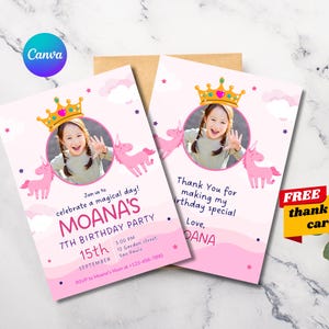 Bewerkbare roze eenhoorn verjaardagsuitnodiging voor meisjes, canvassjabloon, uitnodiging kinderfeestje, magisch thema - gratis bedankkaartje