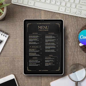 Elegantes Restaurant Menü Vorlage Canva - Bearbeitbares Fine Dining Menü - Luxus Cafe & Bistro Design - A4 US Letter - Sofort Download