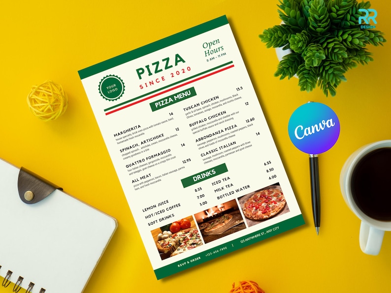 May include: A pizza menu with a green and red border, featuring pizza names and prices. The menu includes options like Margherita, Spinach, Artichoke, and Quattro Formaggio. The menu also lists drinks and has the text "PIZZA SINCE 2020".