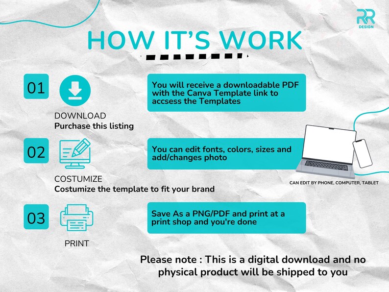May include: Infographic titled "HOW IT'S WORK" with steps for downloading, customizing, and printing a digital template. Includes icons, text, and a laptop and phone graphic. The text states the product is a digital download.