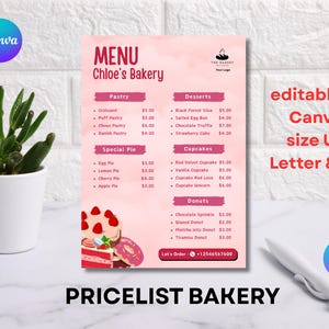 Modèle imprimable de liste de prix de boulangerie, menu modifiable sur toile, liste de prix imprimable de pâtisserie, modèle de menu de boulangerie - téléchargement immédiat