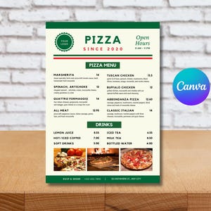 May include: A pizza menu design with a green and white color scheme. The menu includes pizza options, drinks, and the restaurant's open hours. The design features the text "PIZZA SINCE 2020" and the Canva logo.
