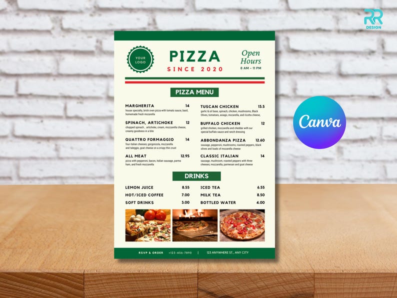 May include: A pizza menu design with a green and white color scheme. The menu includes pizza options, drinks, and the restaurant's open hours. The design features the text "PIZZA SINCE 2020" and the Canva logo.