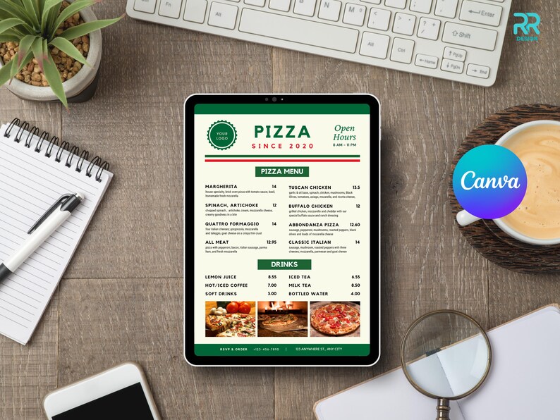 May include: A tablet displays a pizza menu with the text "PIZZA SINCE 2020". The menu includes pizza options, drinks, and open hours. The tablet is on a wooden surface, with a keyboard, notepad, pen, and coffee cup nearby.