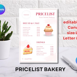 Bearbeitbare Bäckerei Preisliste Vorlage Canva, druckbare Konditorei Menüblatt A4 & US Letter, Preisliste Design - Sofort Download