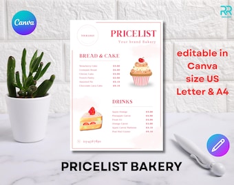 Editable Bakery Pricelist Template: Canva Pastry Shop Menu (A4 & US Letter, Digital Download
