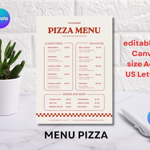 Pode incluir: Um design de menu de pizza com fundo creme e texto vermelho. O menu inclui opções de pizza clássicas e especiais, bebidas e acompanhamentos. O texto "MENU PIZZA" está na parte inferior. Editável no Canva, tamanho A4 e US Letter.