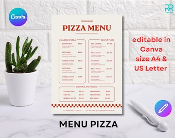 Pizza Menu Template: Modern Pizzeria Design (Canva Digital Download A4/US Letter Size)