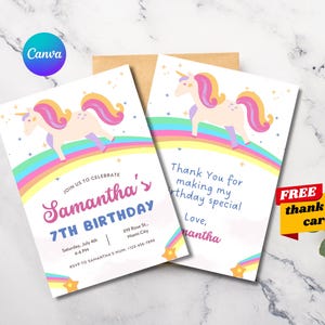 Verjaardagsuitnodiging eenhoorn voor meisjes - bewerkbare canvassjabloon - uitnodiging regenboogfeestje - roze magisch thema + gratis bedankkaart