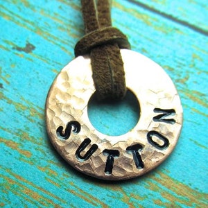 Boy&#39;s Necklace - Personalized - Stamped Copper Washer and Leather - Small