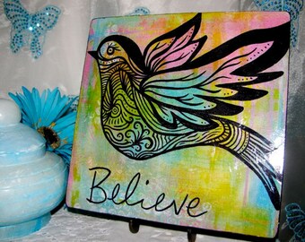 Believe Bird Print Mounted on Wood