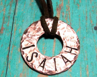 Boy's Necklace - Stamped Copper Washer and Leather - Large