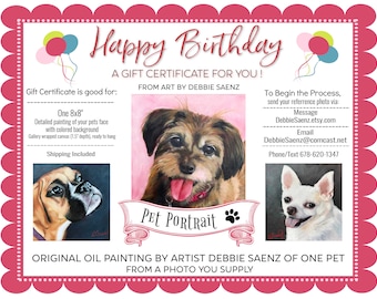 Pet Portrait Gift Certificate, Oil Painting, Pet Lover, Birthday Gift