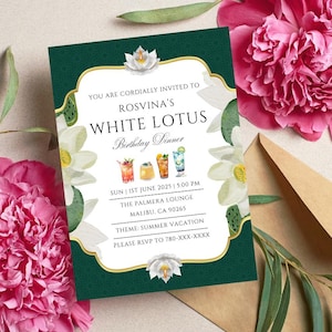 faire-part de fête à thème lotus blanc | Modèle d'invitation à une fête d'été modifiable | Invitation d'anniversaire imprimable