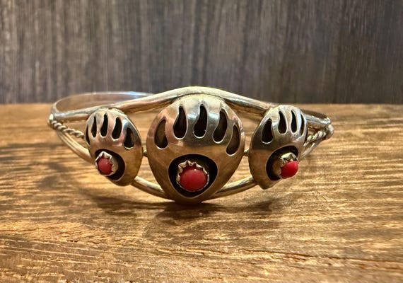 Sterling silver bear paw cuff with coral- Baby