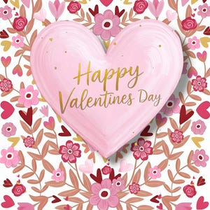 Może przedstawiać: Kartka walentynkowa z dużym różowym sercem pośrodku, otoczonym kwiatowym wzorem z różowych i czerwonych kwiatów i liści na białym tle. Napis "Happy Valentines Day" jest napisany złotą czcionką na sercu.