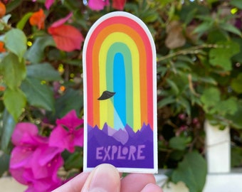 Explore, UFO, Rainbow Alien Hunter - Vinyl Sticker - for Water bottle, Laptop, Notebook, Car Decal, Gift Idea