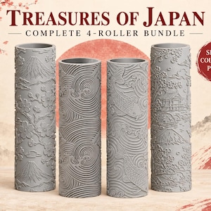 May include: Four grey cylindrical patterned rollers labelled Treasures of Japan Complete 4-Roller Bundle. The rollers feature embossed designs including Mount Fuji, cherry blossoms, swirling water waves, koi fish, and traditional Japanese architecture.