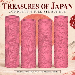 Könnte beinhalten: Vier rosafarbene zylindrische Walzen mit geprägten Mustern aus japanischen Wellen, Koi-Fischen, einer Pagode mit dem Berg Fuji und Kirschblüten. Der Text lautet TREASURES OF JAPAN COMPLETE 4-FILE STL BUNDLE und 4 STL FILES SPECIAL BUNDLE.