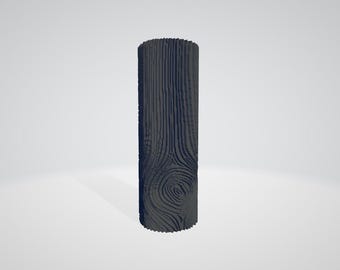 May include: A dark gray, cylindrical object with a wood grain texture. The vertical lines and circular patterns create a realistic wood appearance. The object stands upright against a plain white background.