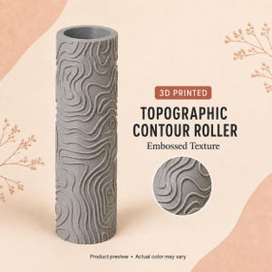May include: A gray 3D printed topographic contour roller featuring an embossed texture with swirling lines. The text on the image reads 3D PRINTED TOPOGRAPHIC CONTOUR ROLLER Embossed Texture. Product preview • Actual color may vary.