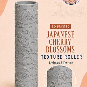 Könnte beinhalten: Eine graue 3D-gedruckte Texturwalze mit einem geprägten Design des Berges Fuji und Kirschblüten. Der Text lautet: Treasures of Japan Collection, 3D Printed, Japanese Cherry Blossoms Texture Roller, Embossed Texture und LLPottery.