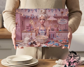 Distressed Doll Baker Glass Cutting Board | USA 250th Anniversary Kitchen Decor