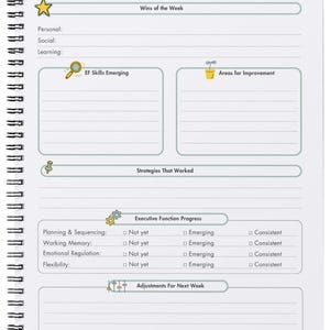 Pu&ograve; includere: Un'agenda bianca a spirale per la pianificazione e il monitoraggio settimanale. Include sezioni per obiettivi e progressi, con indicazioni per obiettivi personali, sociali e di apprendimento. Include aree di miglioramento e progressi.