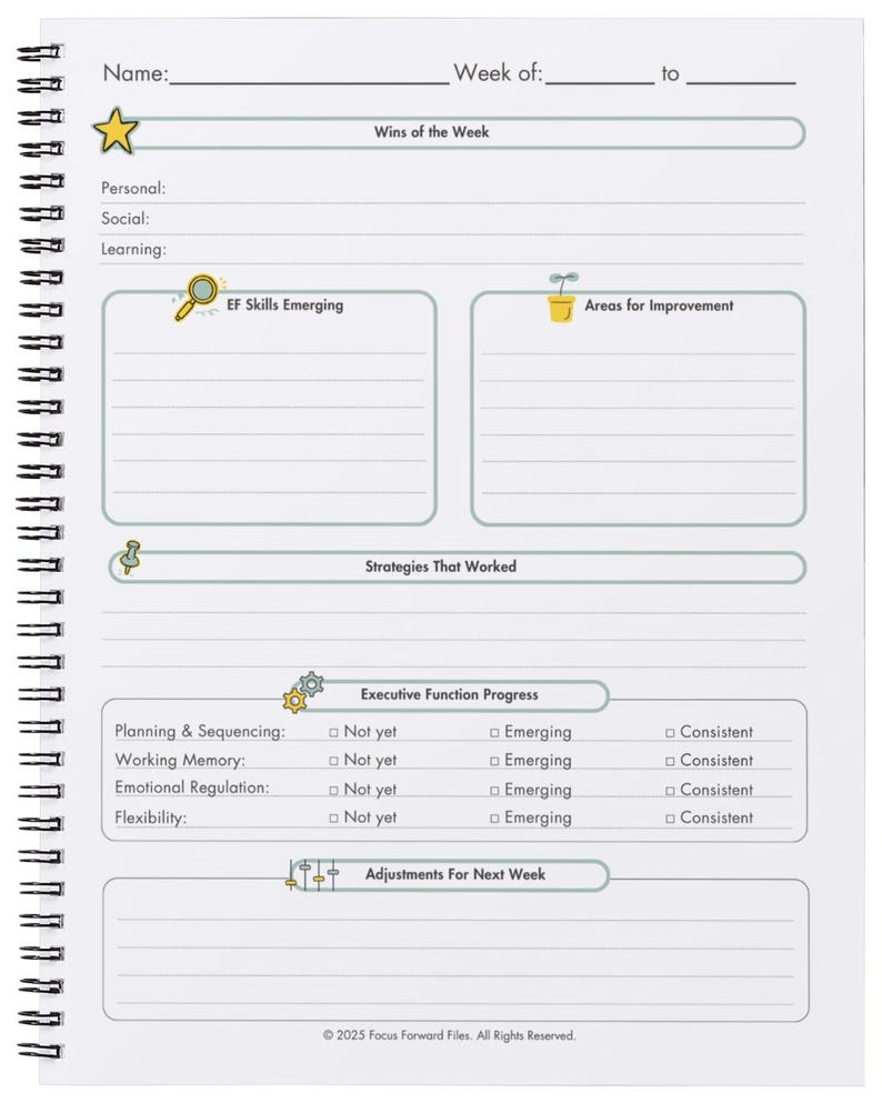 Pu&ograve; includere: Un'agenda bianca a spirale per la pianificazione e il monitoraggio settimanale. Include sezioni per obiettivi e progressi, con indicazioni per obiettivi personali, sociali e di apprendimento. Include aree di miglioramento e progressi.