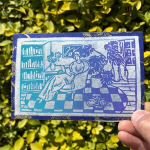 Carte imprimée linogravure - « Dans ma chambre » - Dégradé de bleu sur dragon