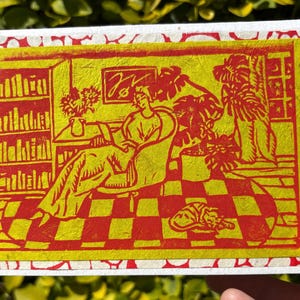 Tarjeta impresa en linóleo - "En mi habitación" - Rojo/Chartruese sobre crisantemo