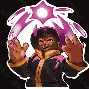 May include: A sticker featuring a cartoon character with brown fur, wearing a black and pink outfit with gold trim. The character is smiling and surrounded by pink energy bursts and a starburst. The artist's name, @lorenthian, is visible.