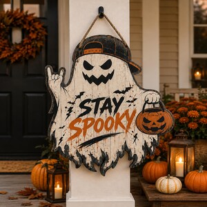 Op de afbeelding: Een houten wanddecoratie in de vorm van een geest met een baseballpet, voorzien van de tekst STAY SPOOKY in zwart en oranje. De geest heeft een grillige mond, maakt een rock-and-roll handgebaar en houdt een pompoenemmer vast met vleermuizen.