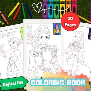 Può includere: Un libro da colorare con tre illustrazioni in bianco e nero di personaggi femminili stilizzati. La copertina mostra il testo "RUMI" e "COLORING BOOK". Un cerchio rosso mostra "20 Pages". Pastelli sono sparsi intorno al libro.