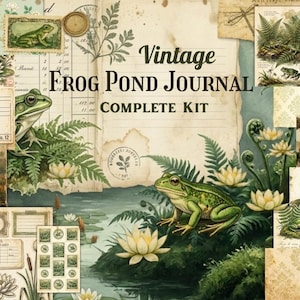 May include: A collage featuring a vintage "Frog Pond Journal Complete Kit." The design includes illustrations of frogs, lily pads, ferns, and water scenes. The color palette is primarily green, beige, and brown, with text elements.