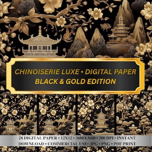 Papel digital chinoiserie negro y dorado con patrones orientales sin costuras