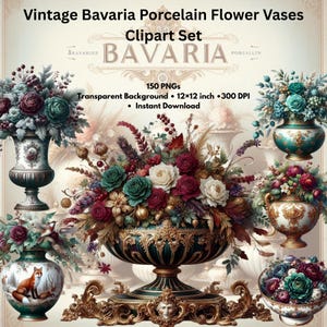 May include: A collection of vintage porcelain flower vases with floral arrangements. The vases are in various shapes and sizes, featuring ornate gold detailing and a variety of flowers in shades of red, teal, and white. The image includes the text "Vintage Bavaria Porcelain Flower Vases Clipart Set".