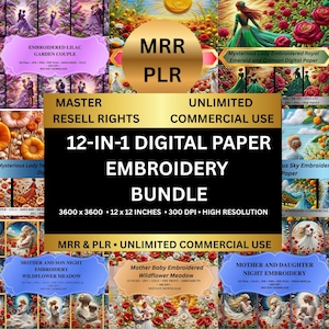 12-IN-1 Digital Paper Embroidered Bundle MRR PLR Romantic Stitched Floral