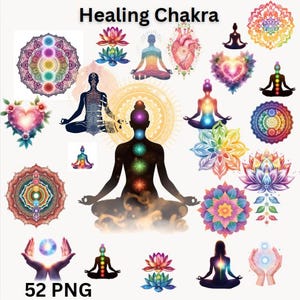 May include: A collection of digital art featuring the theme of healing chakras. The image includes illustrations of meditating figures, mandalas, lotus flowers, and hearts, all in vibrant colors. Text at the top reads "Healing Chakra" and "52 PNG" at the bottom.