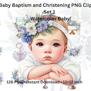 May include: A watercolour clipart set with a baby theme. The image shows a baby with a floral headband, surrounded by baptism and christening elements, including a bible, candles, and floral arrangements. The set includes 126 PNG images, each 30.48 x 30.48 cm.