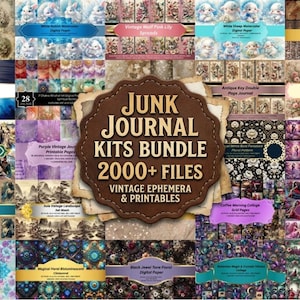 May include: A collection of digital junk journal kits with a variety of vintage ephemera and printable files. The central image features a brown label with the text "JUNK JOURNAL KITS BUNDLE 2000+ FILES VINTAGE EPHEMERA & PRINTABLES". The image includes various themed digital papers.
