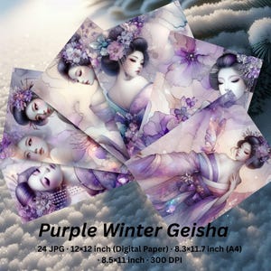 紫の冬の芸者デジタルペーパーアルコールインク日本美術スクラップブッキング